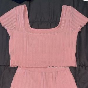 OFFLINE by Aerie Pink Ruffle Crop Top & Bike Short Set